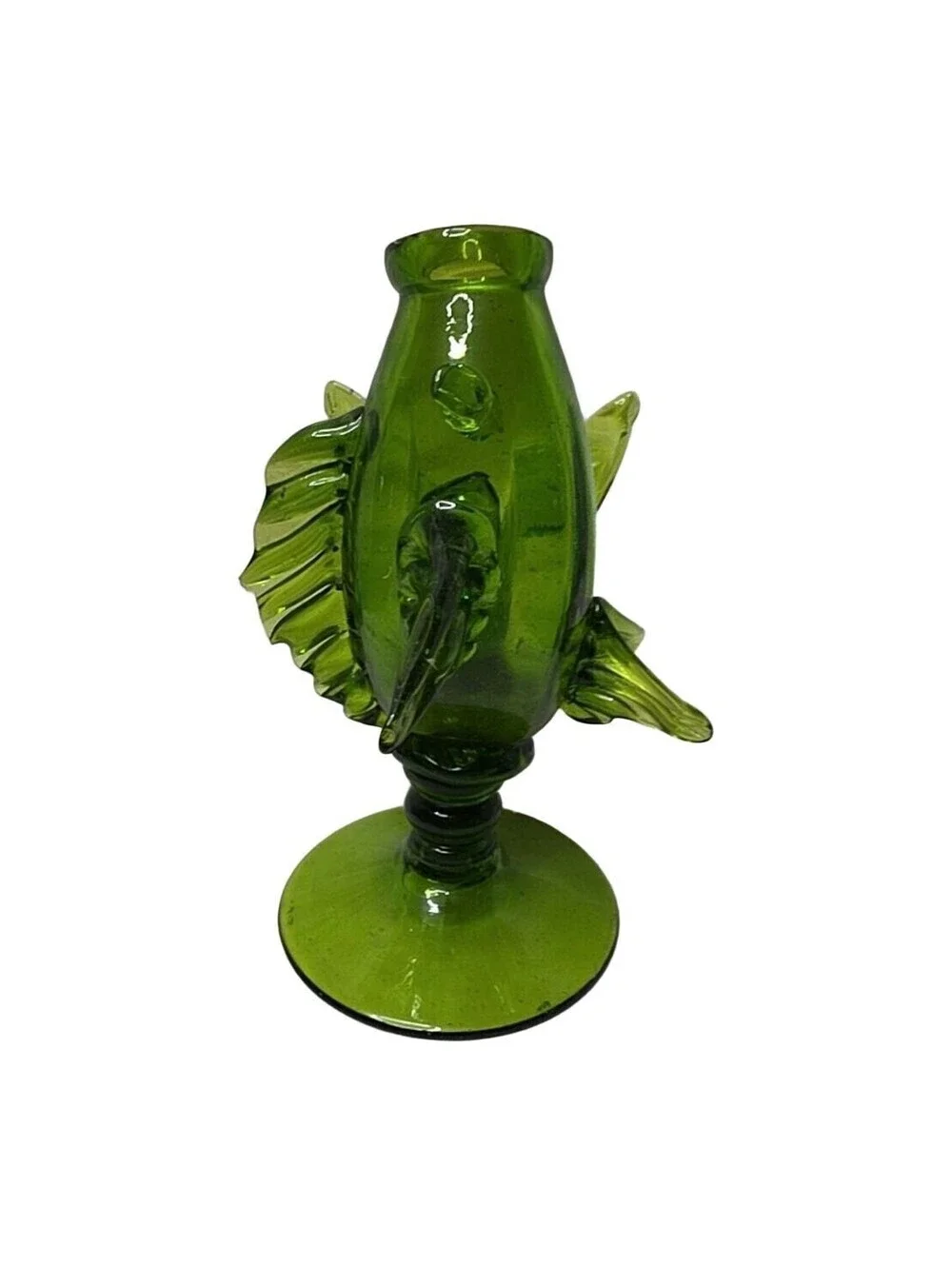 Vintage Empoli Glass Itay MCM Green Glass Fish Vase On Pedestal Hand Blown